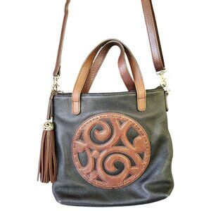 Brighton Kensington London Groove Medallion Crossbody Bag Black & Brown Leather